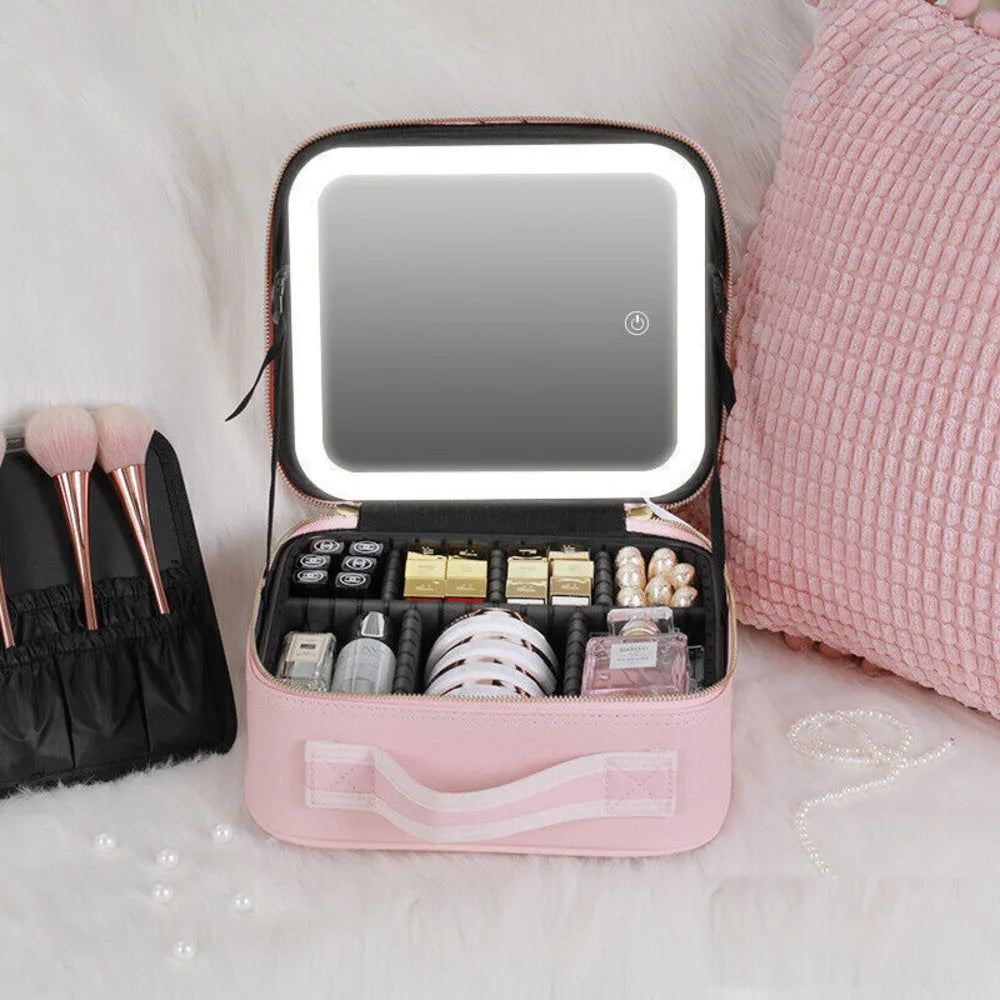 Makeup Bag With LED Mirror Vanity Case Beauty Box Make Up Travel Cosmetic Bag~UK