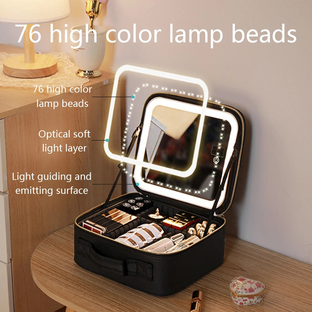 Makeup Bag With LED Mirror Vanity Case Beauty Box Make Up Travel Cosmetic Bag~UK