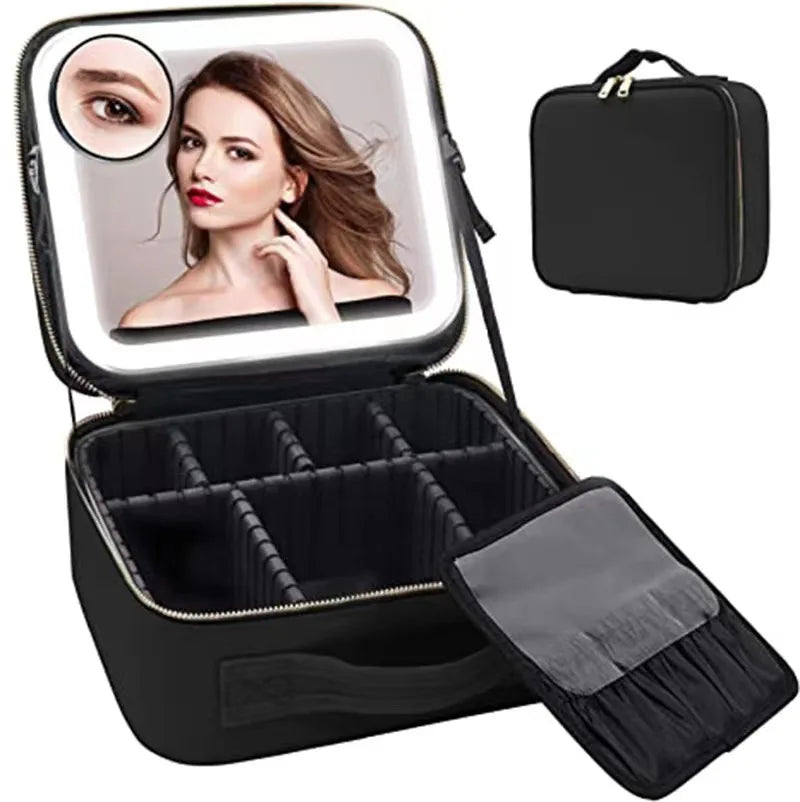 Makeup Bag With LED Mirror Vanity Case Beauty Box Make Up Travel Cosmetic Bag~UK