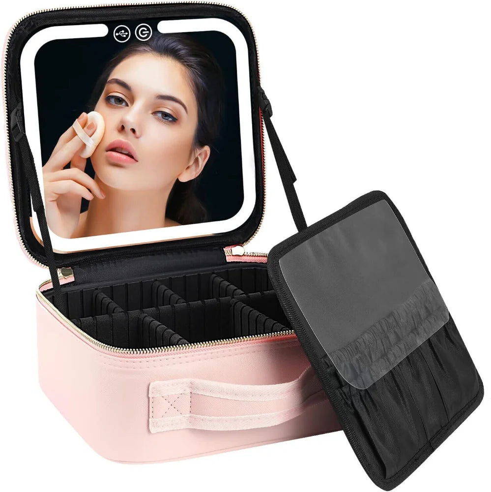 Makeup Bag With LED Mirror Vanity Case Beauty Box Make Up Travel Cosmetic Bag~UK