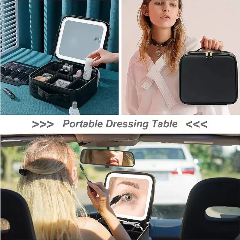 Makeup Bag With LED Mirror Vanity Case Beauty Box Make Up Travel Cosmetic Bag~UK