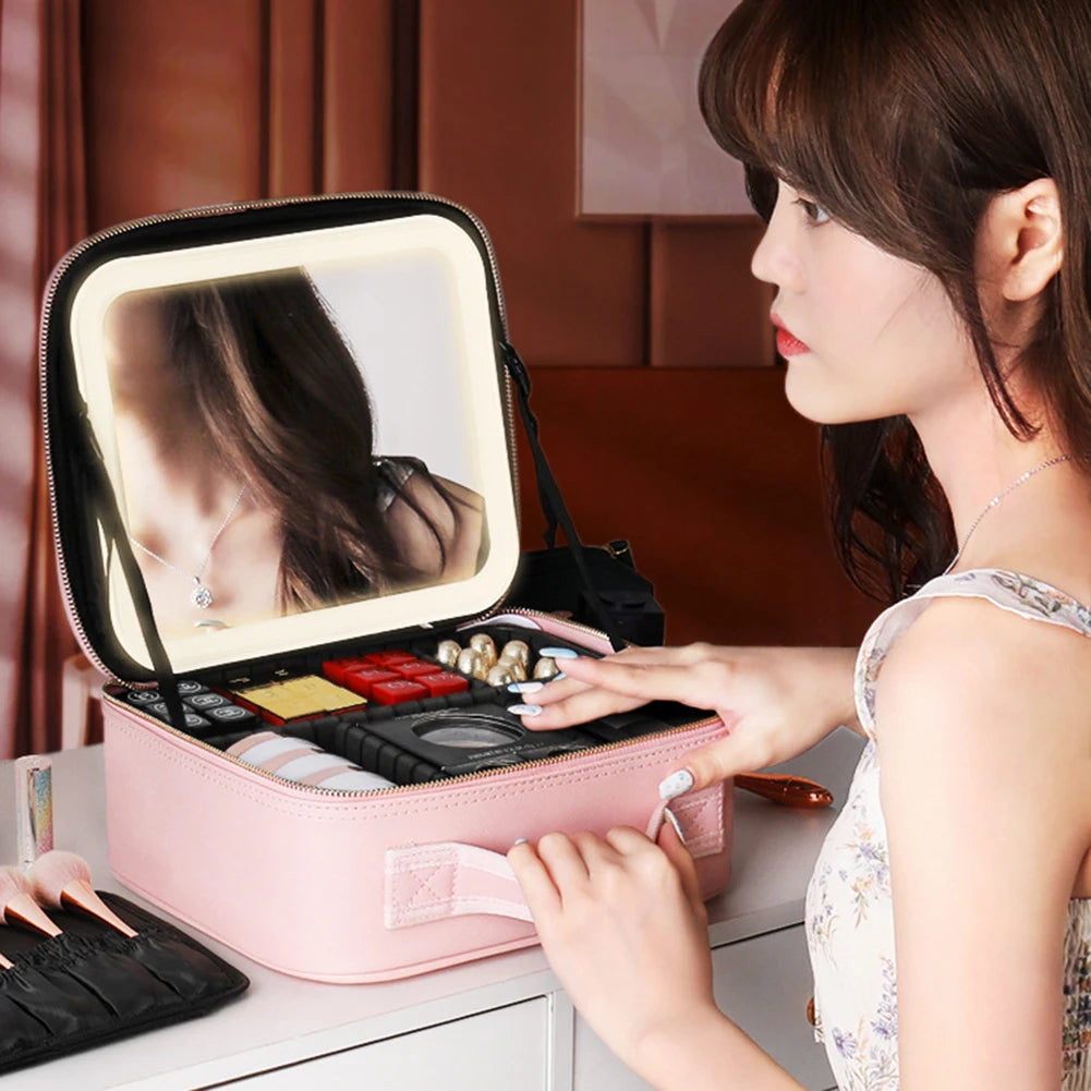 Makeup Bag With LED Mirror Vanity Case Beauty Box Make Up Travel Cosmetic Bag~UK