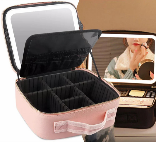 Makeup Bag With LED Mirror Vanity Case Beauty Box Make Up Travel Cosmetic Bag~UK