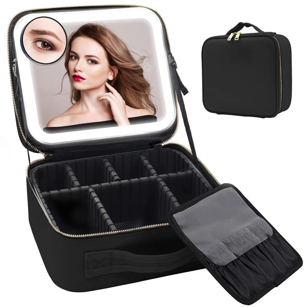 Makeup Bag With LED Mirror Vanity Case Beauty Box Make Up Travel Cosmetic Bag~UK