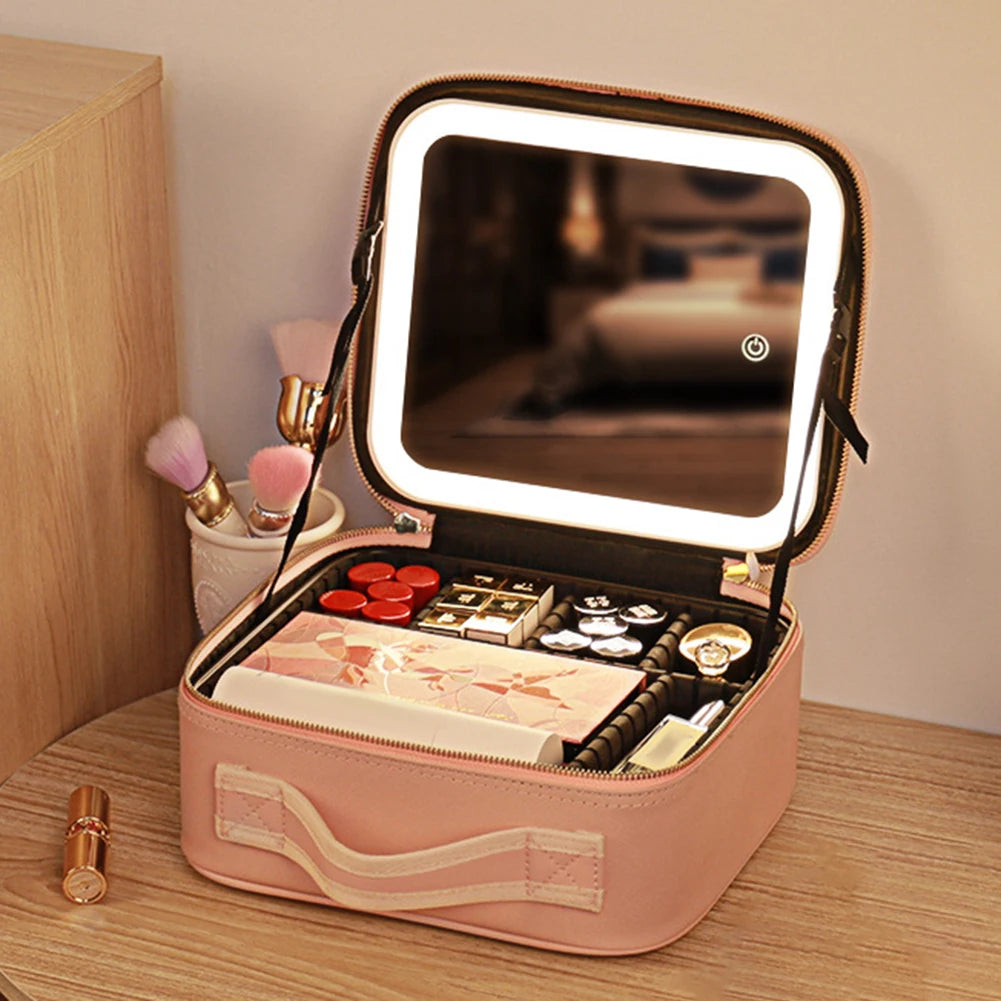 Makeup Bag With LED Mirror Vanity Case Beauty Box Make Up Travel Cosmetic Bag~UK