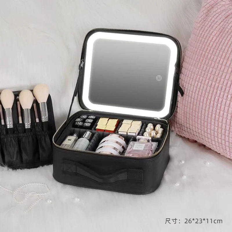 Makeup Bag With LED Mirror Vanity Case Beauty Box Make Up Travel Cosmetic Bag~UK