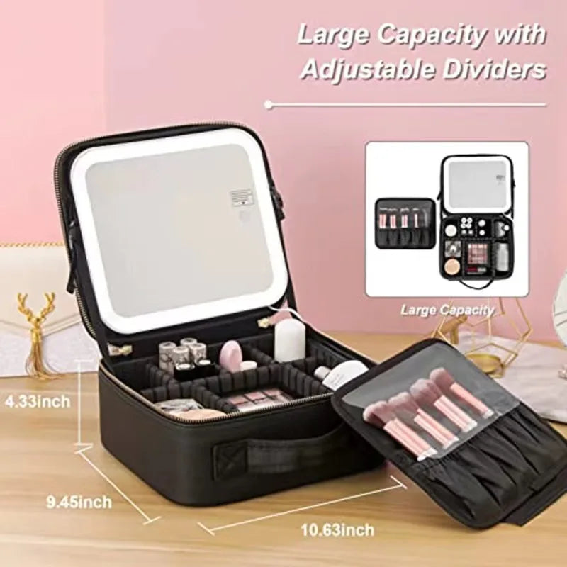 Makeup Bag With LED Mirror Vanity Case Beauty Box Make Up Travel Cosmetic Bag~UK