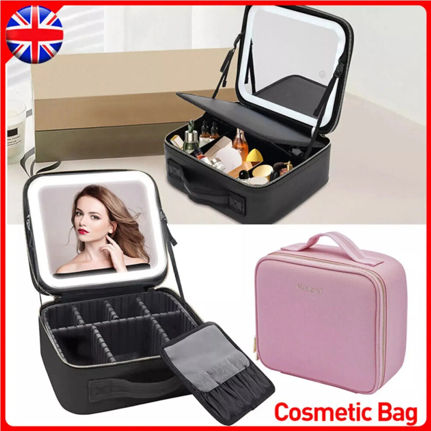 Makeup Bag With LED Mirror Vanity Case Beauty Box Make Up Travel Cosmetic Bag~UK